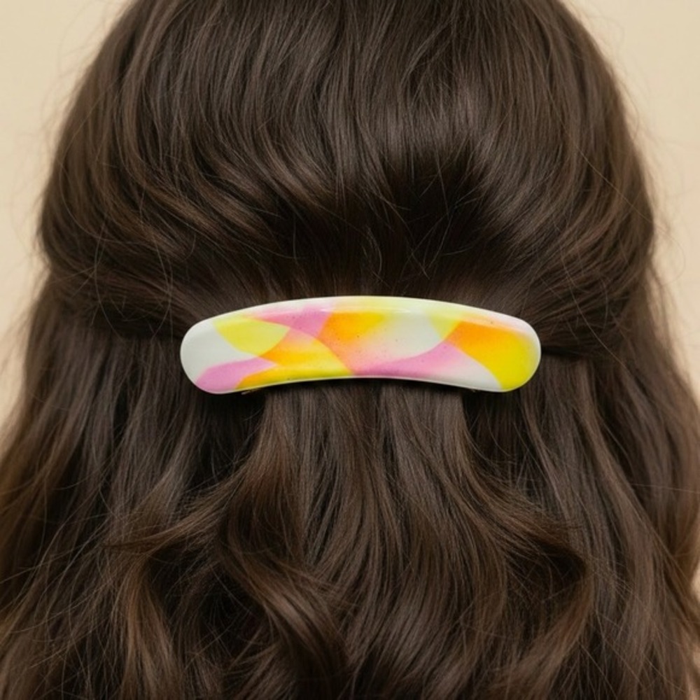 Vintage White Pink Yellow Swirled Marbled Abstract Hair Clip Barrette Accessory‎